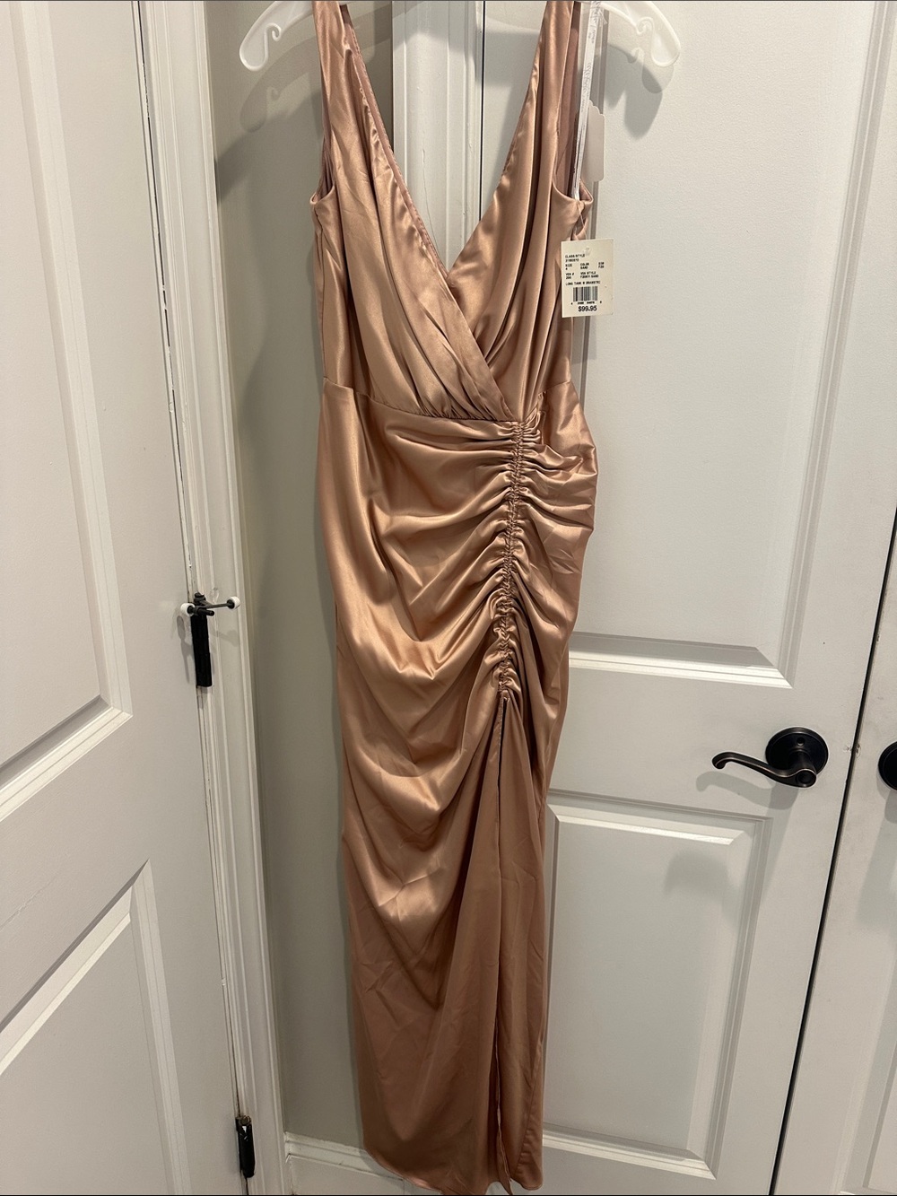 Sleeveless Ruched Satin Maxi Dress in Blush